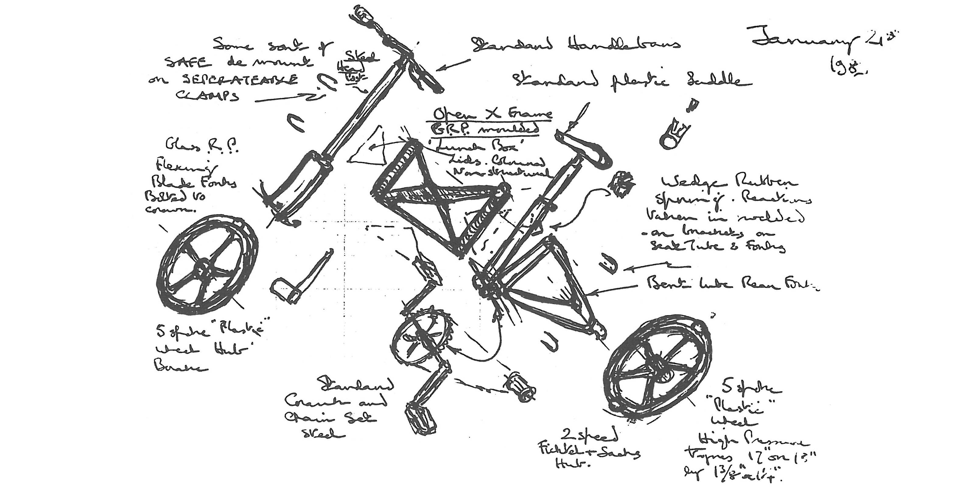 The original 1983 exploded diagram sketch by Alex Moulton of his spaceframe Moulton bike design.