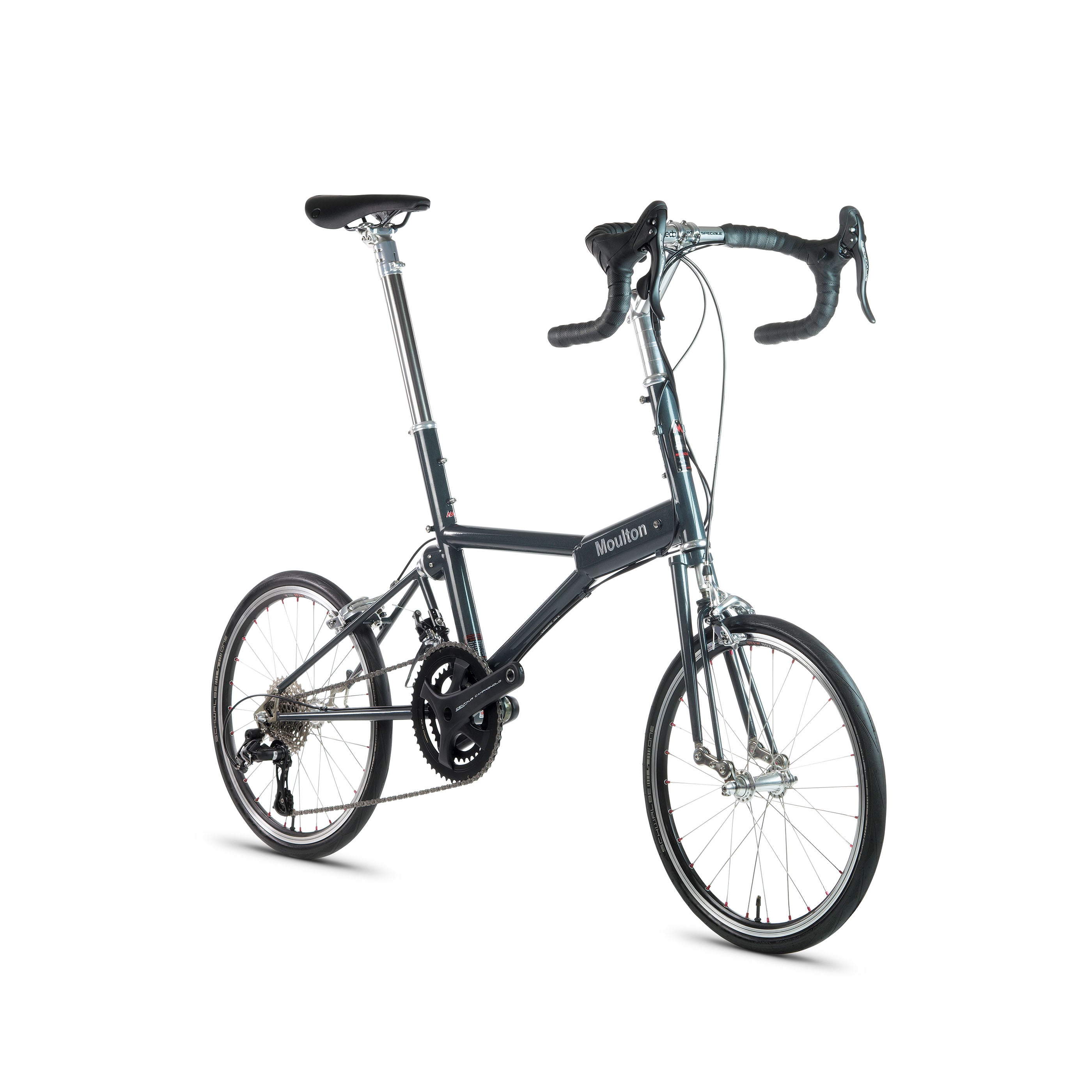 Moulton Flyte bicycle in airforce blue with Campagnolo Centaur 22-speed groupset, front angle view