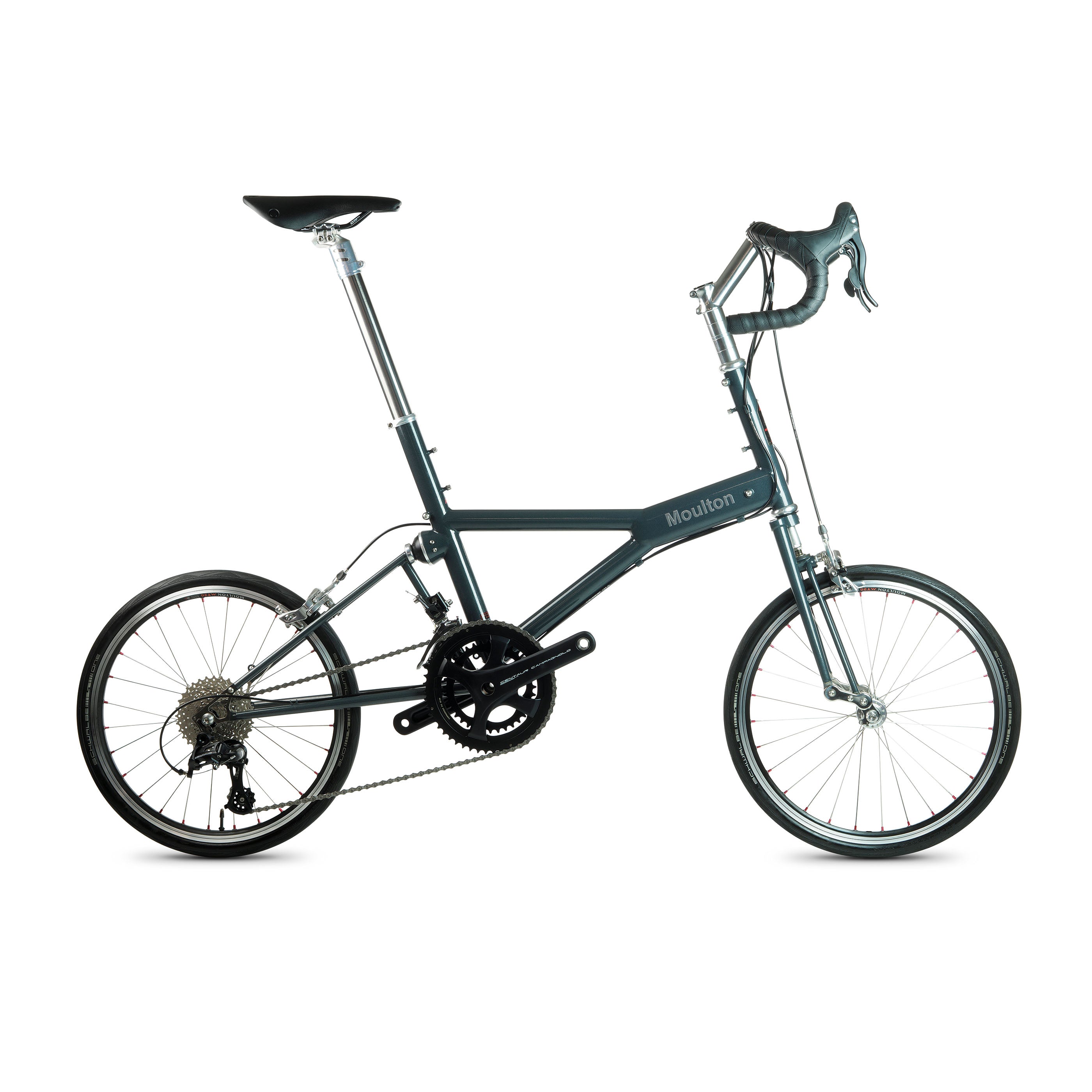 Moulton Flyte bicycle in airforce blue with Campagnolo Centaur 22-speed groupset