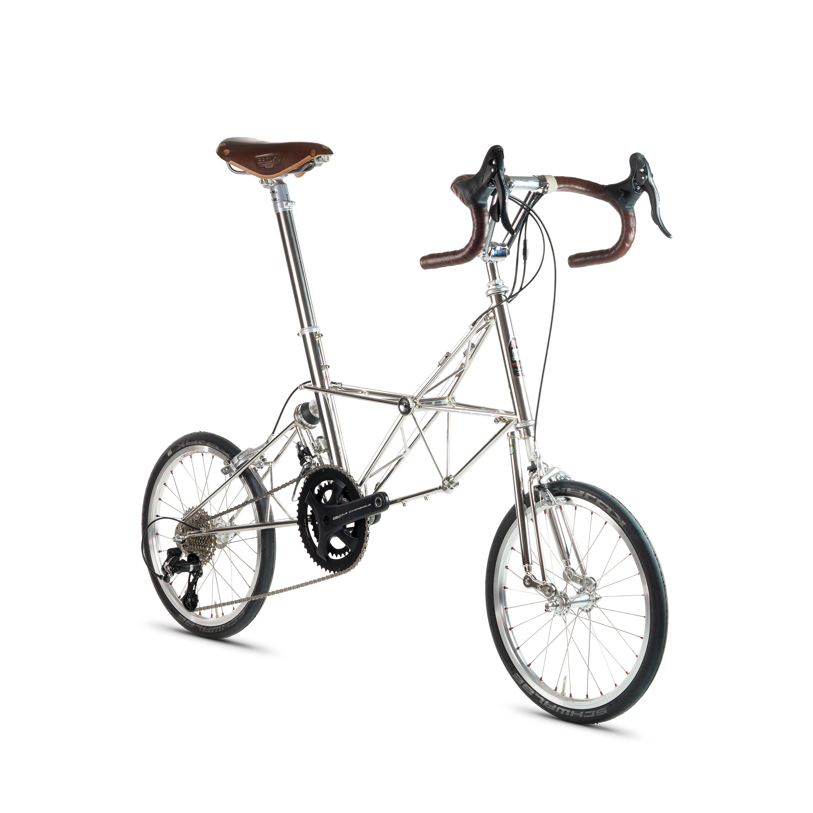 Moulton GT Mk3 bicycle in stainless steel with Campagnolo Centaur 22-speed groupset, front angle view