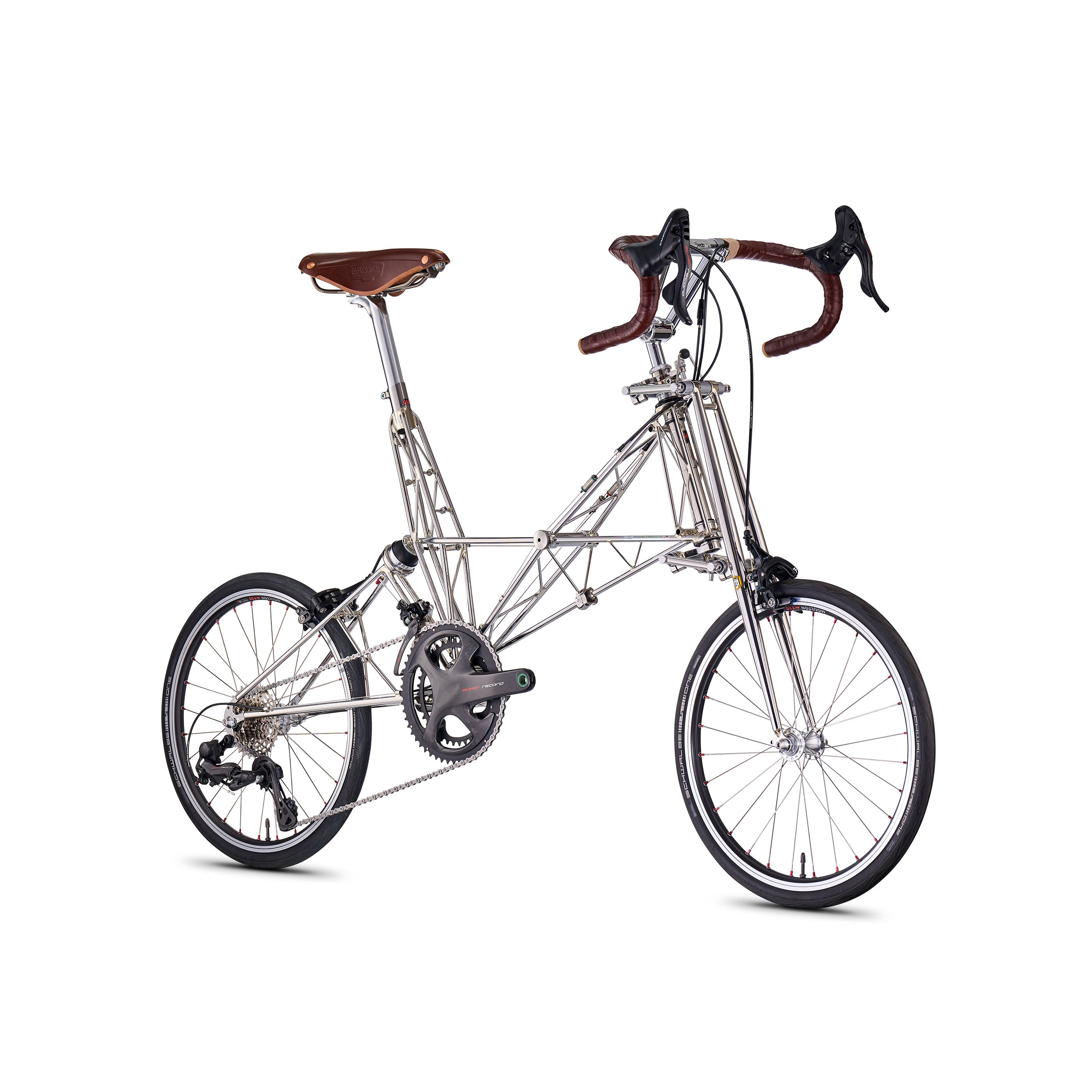 Moulton NS Double Pylon bicycle in stainless steel with Campagnolo Super Record 22-speed groupset, front angle view