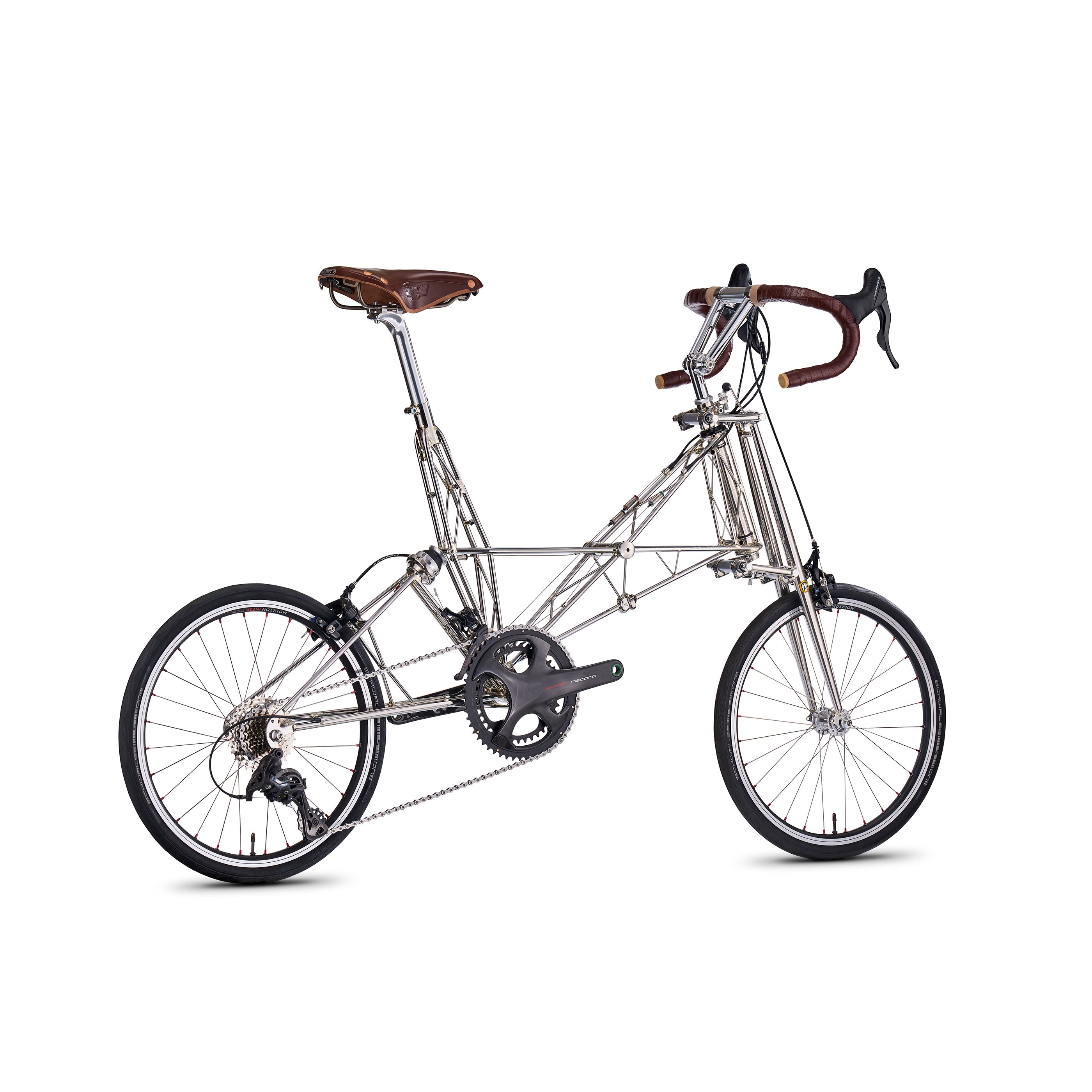 Moulton NS Double Pylon bicycle in stainless steel with Campagnolo Super Record 22-speed groupset, rear angle view