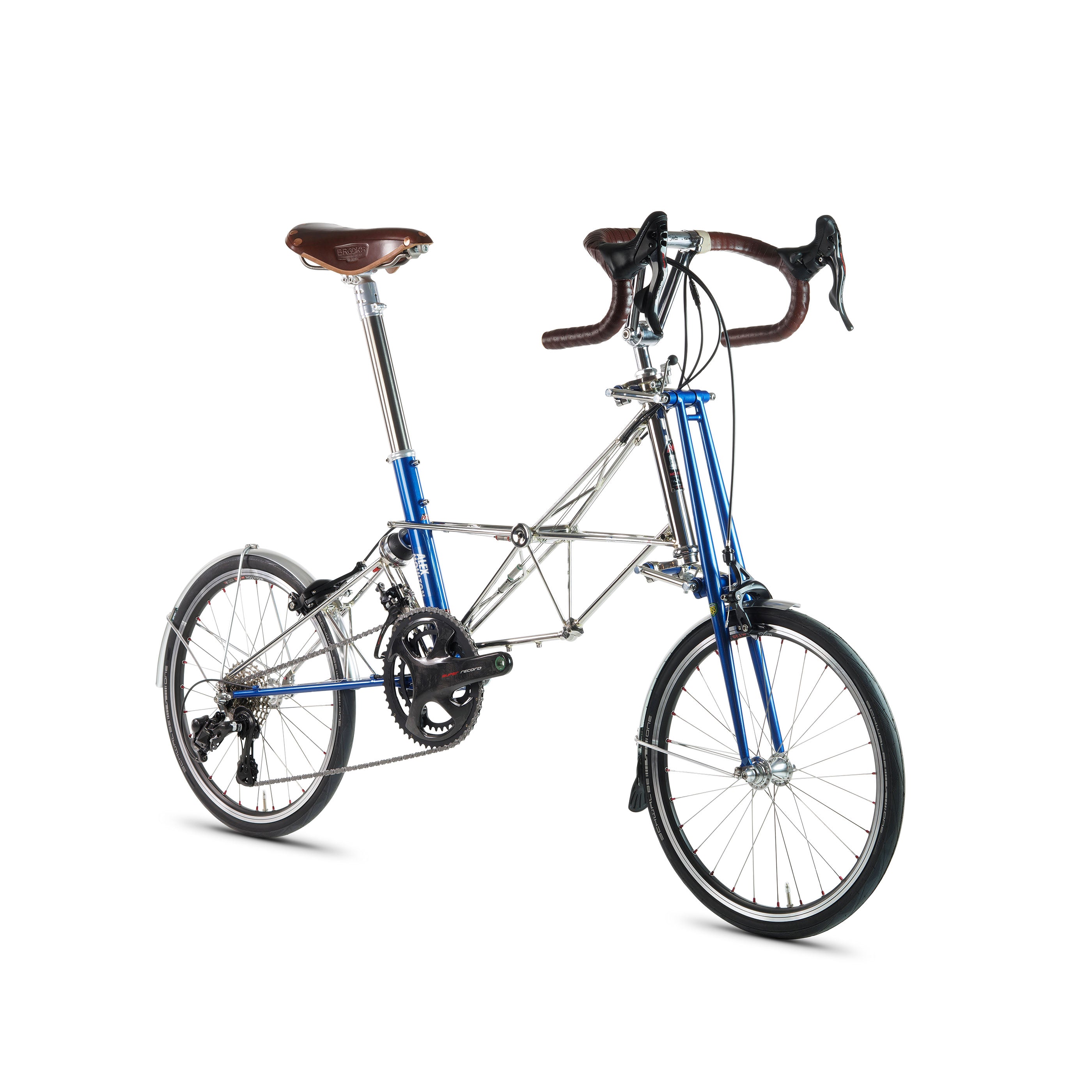 Moulton Marathon bicycle in stainless steel with blue highlights and Campagnolo Chorus 24-speed groupset, front angle view