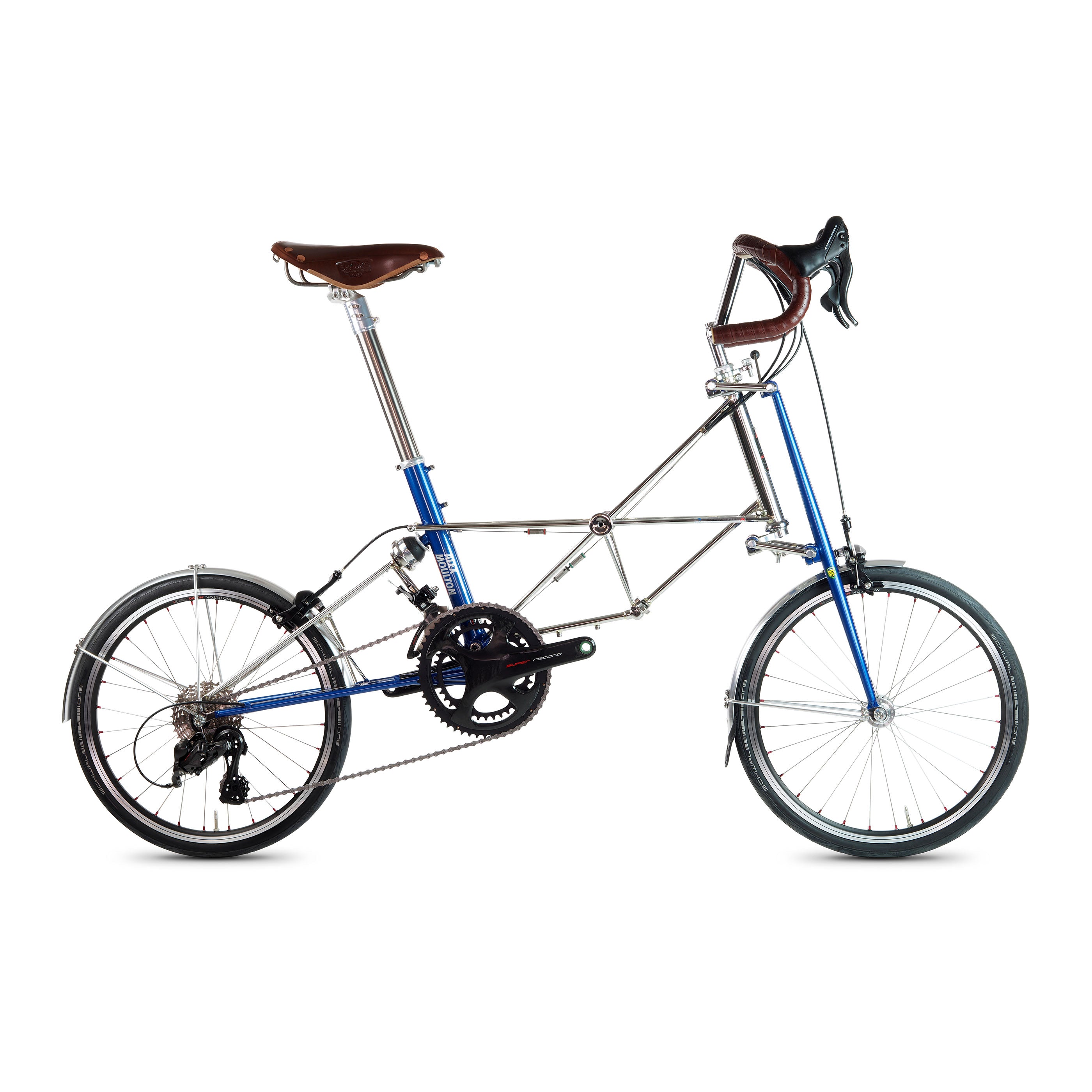 Moulton Marathon bicycle in stainless steel with blue highlights and Campagnolo Chorus 24-speed groupset