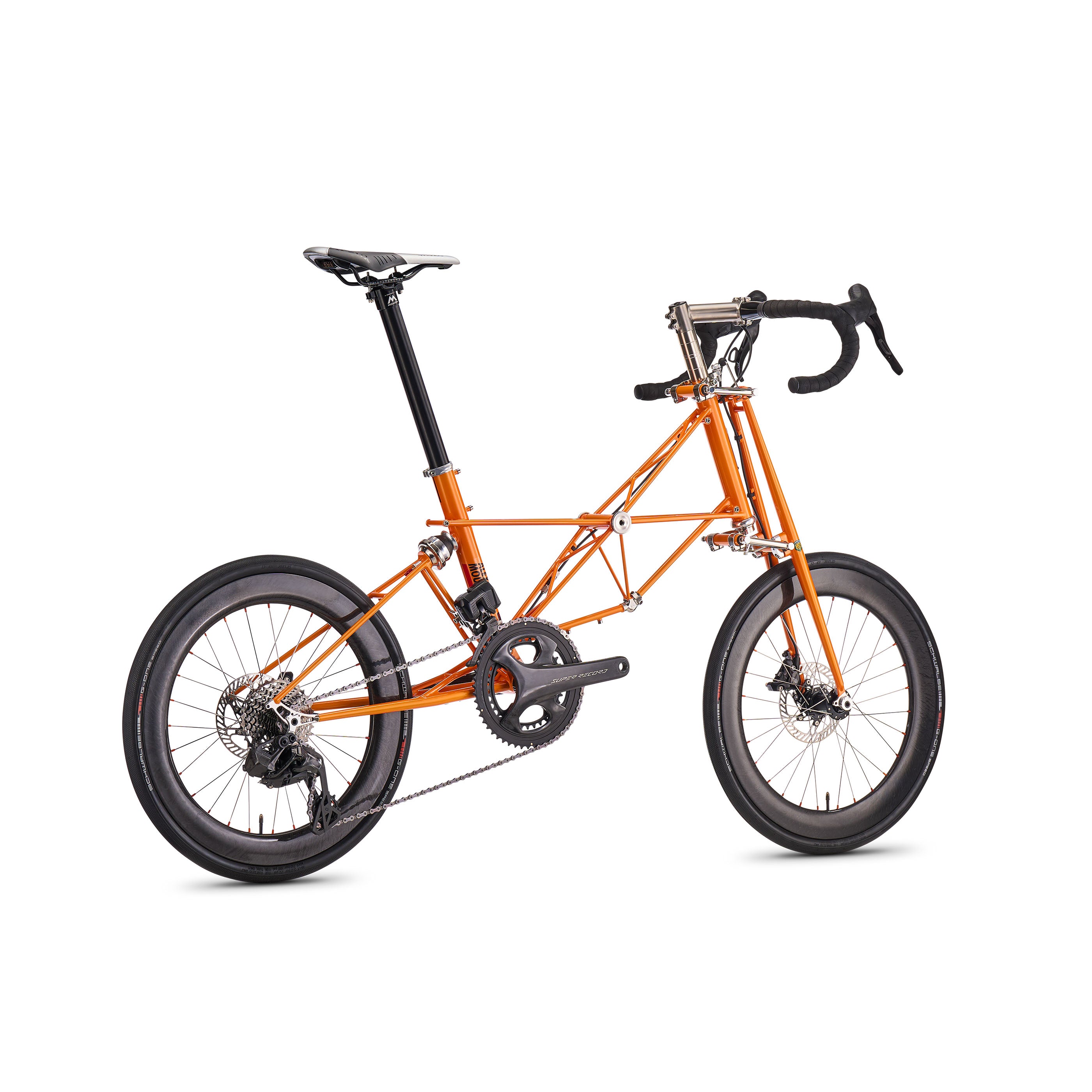 Moulton NS Rapide bicycle in steel with Campagnolo Super Record 26-speed groupset, rear angle view