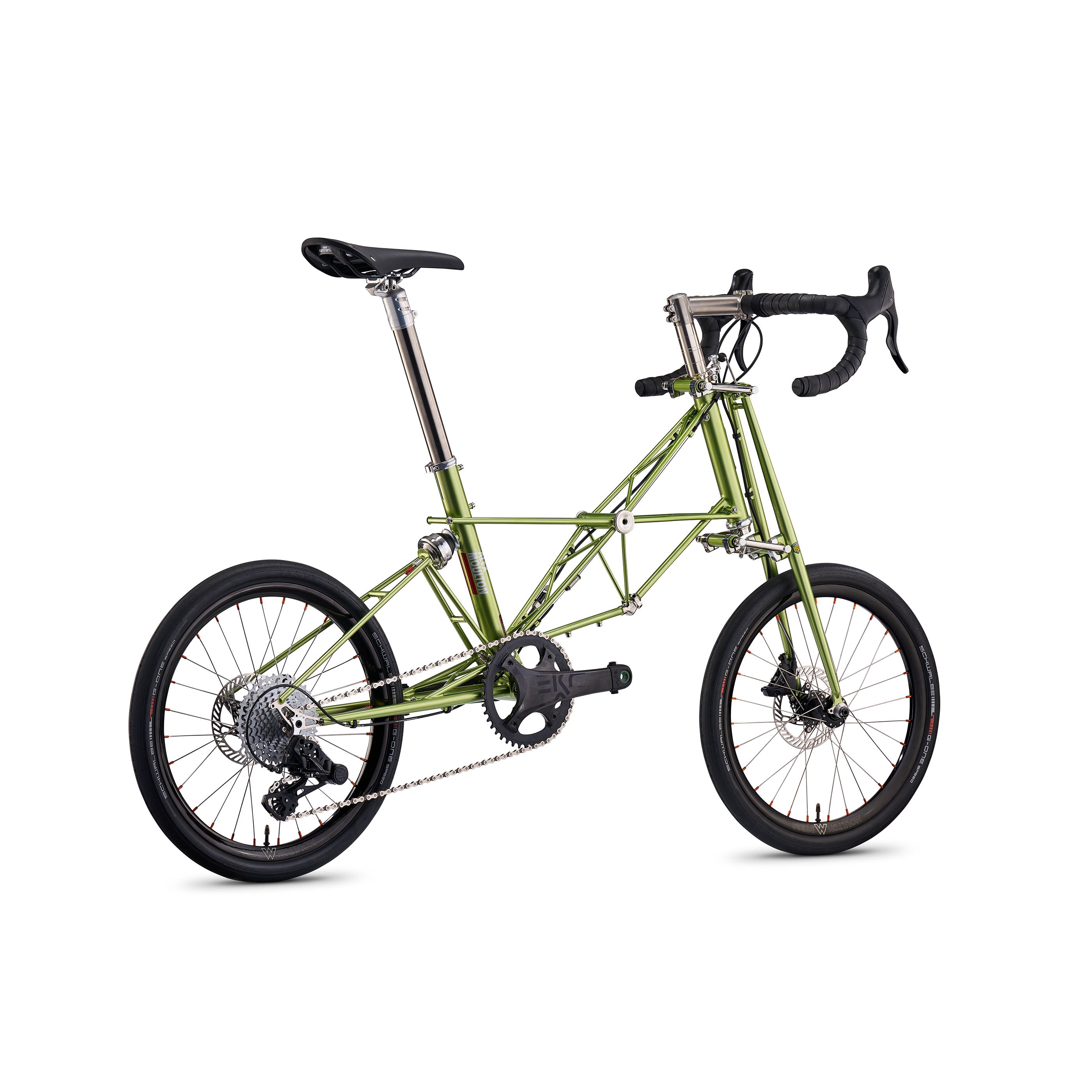 Moulton NS Safari bicycle in willow green with Campagnolo Ekar 13-speed groupset, rear angle view