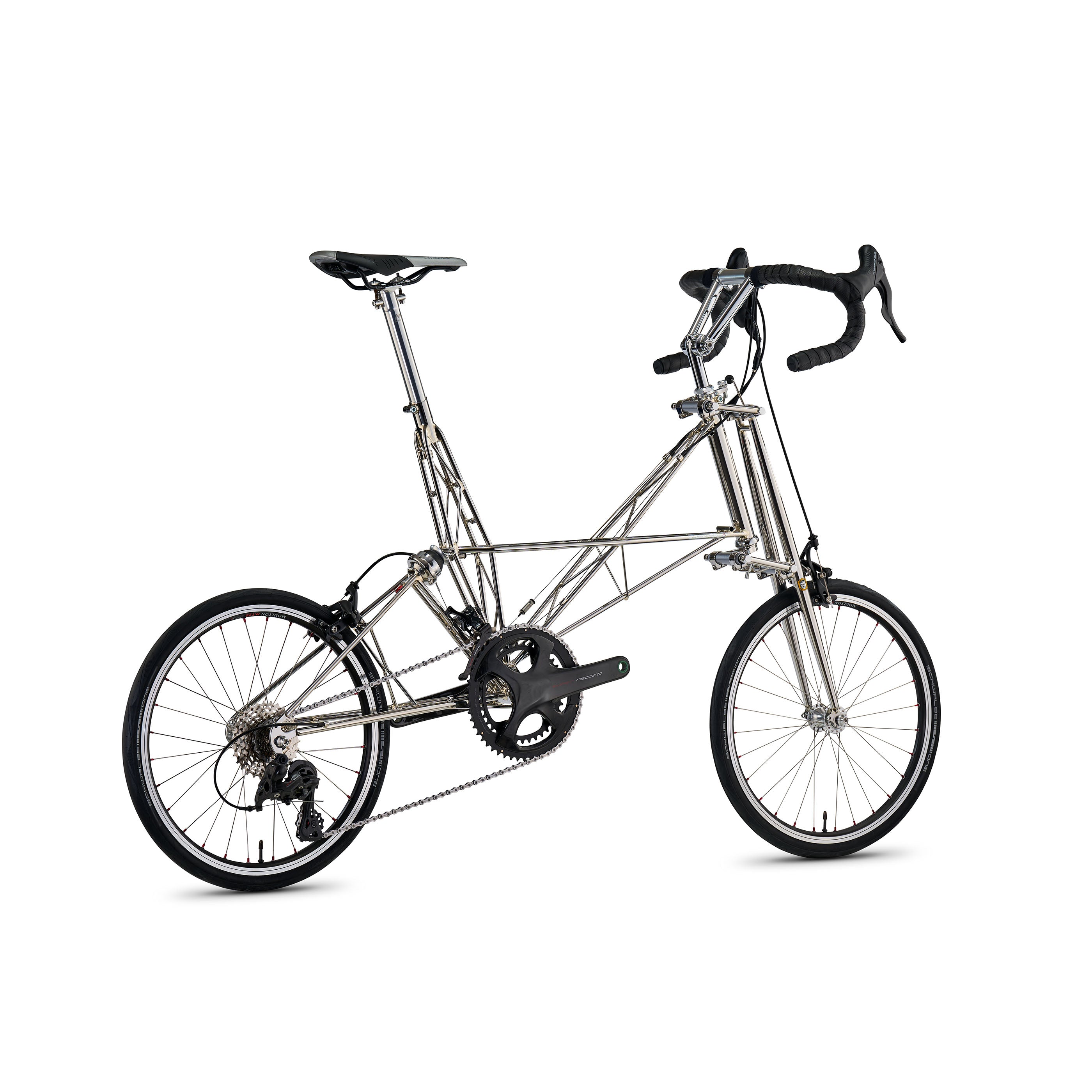 Moulton NS Speed bicycle in stainless steel with Campagnolo Super Record 22-speed groupset, rear angle view