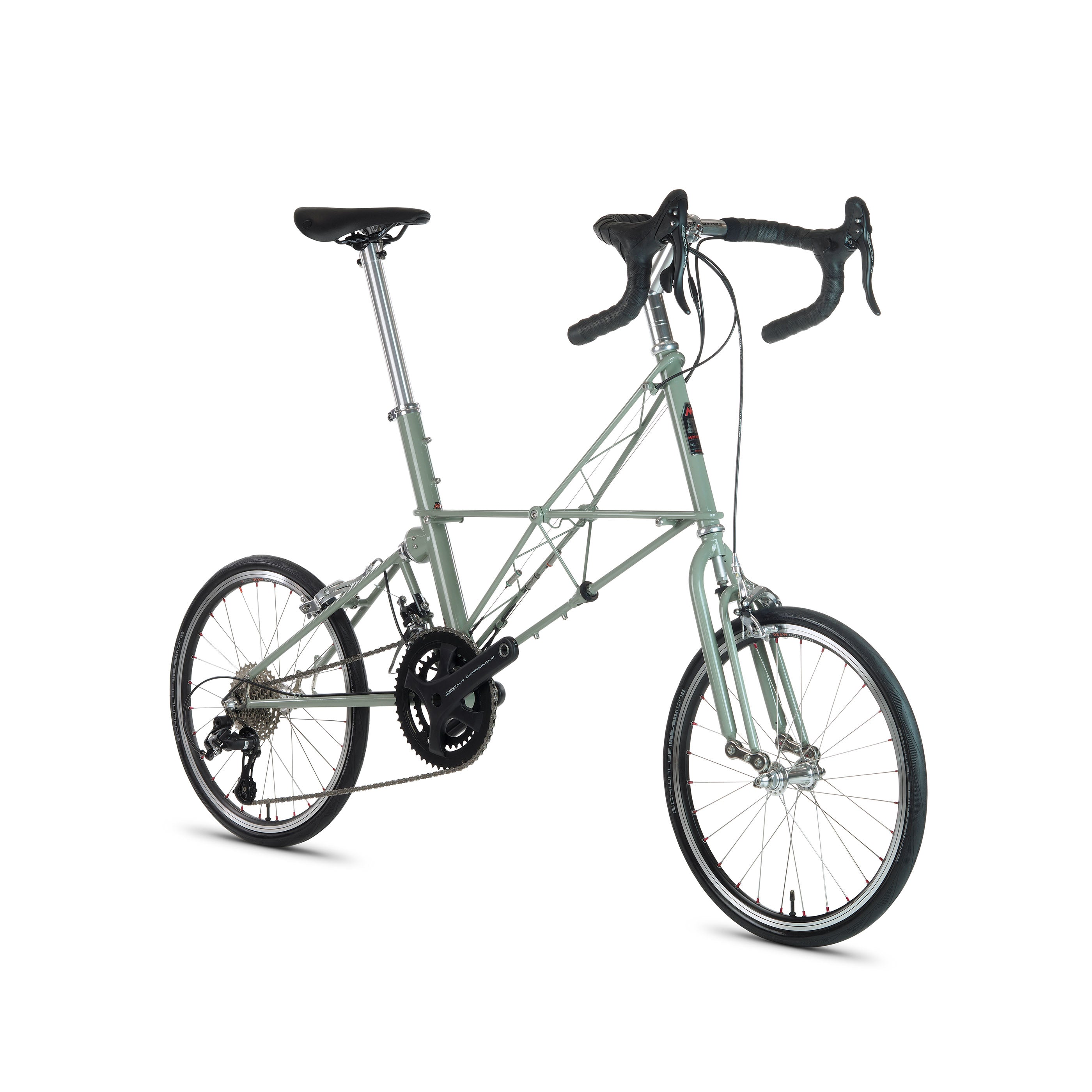 Moulton SST bicycle in sage grey with Campagnolo Centaur 22-speed groupset, front angle view
