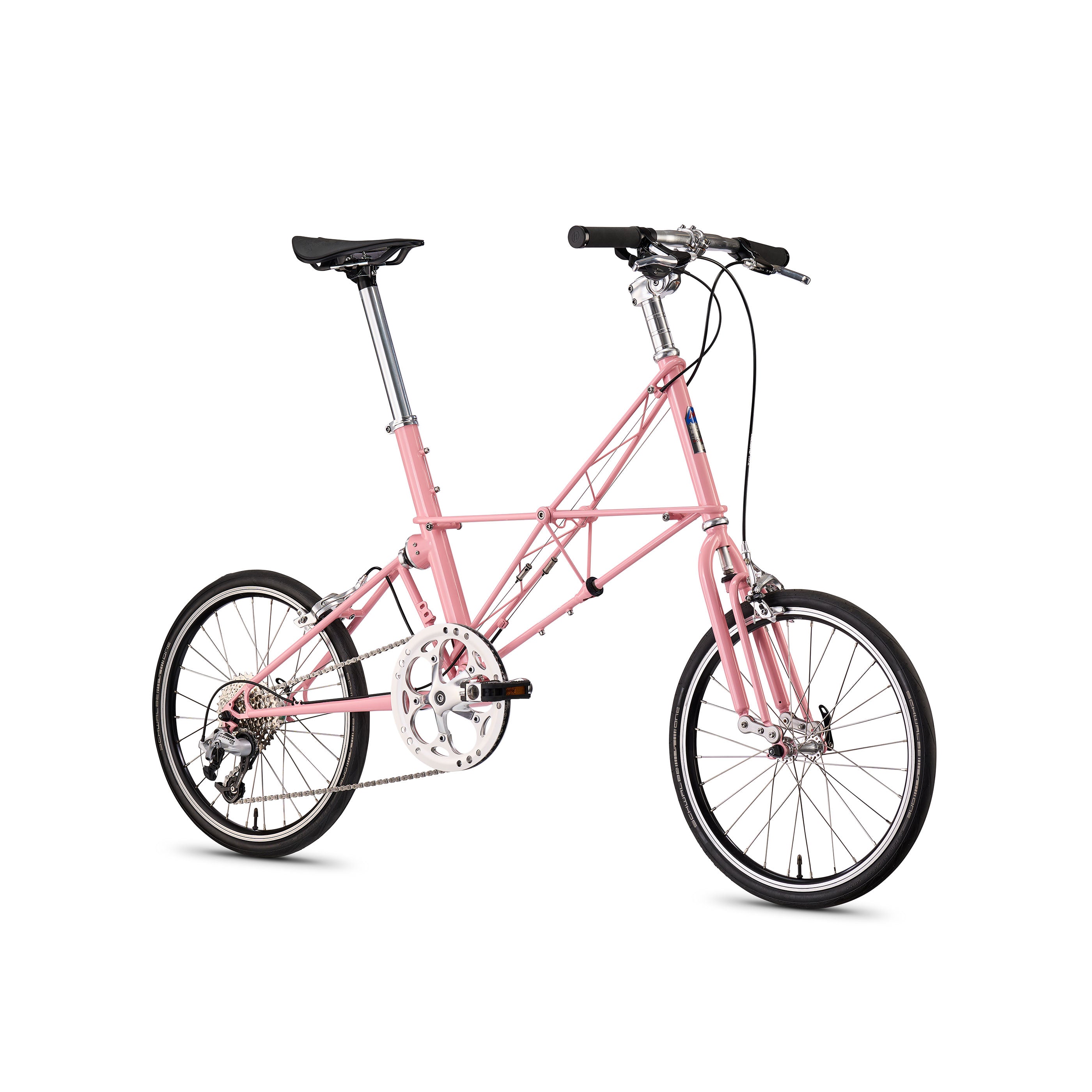 Moulton TSR bicycle in powder pink with SRAM X5 9-speed drivetrain, front angle view