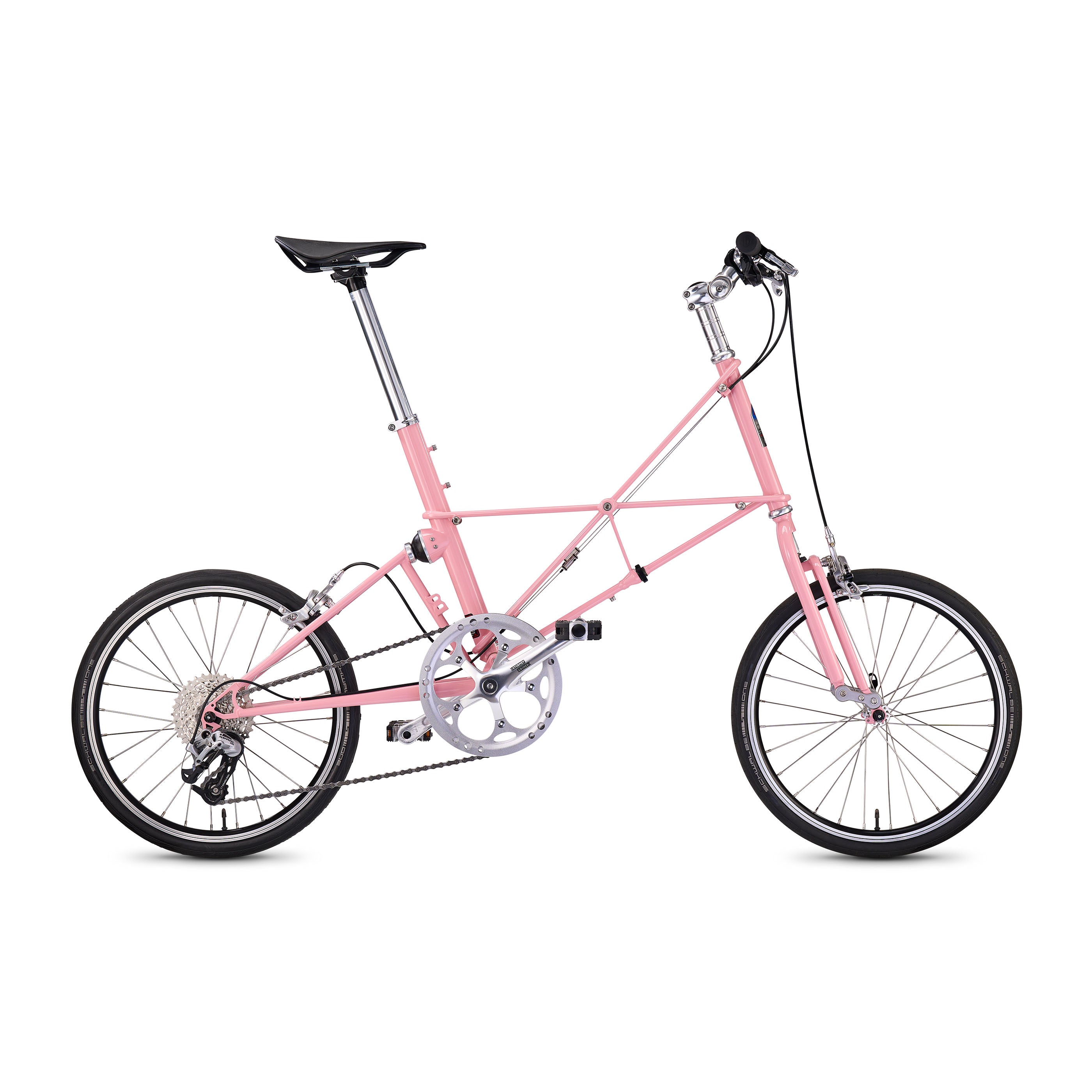 Moulton TSR bicycle in powder pink with SRAM X5 9-speed drivetrain