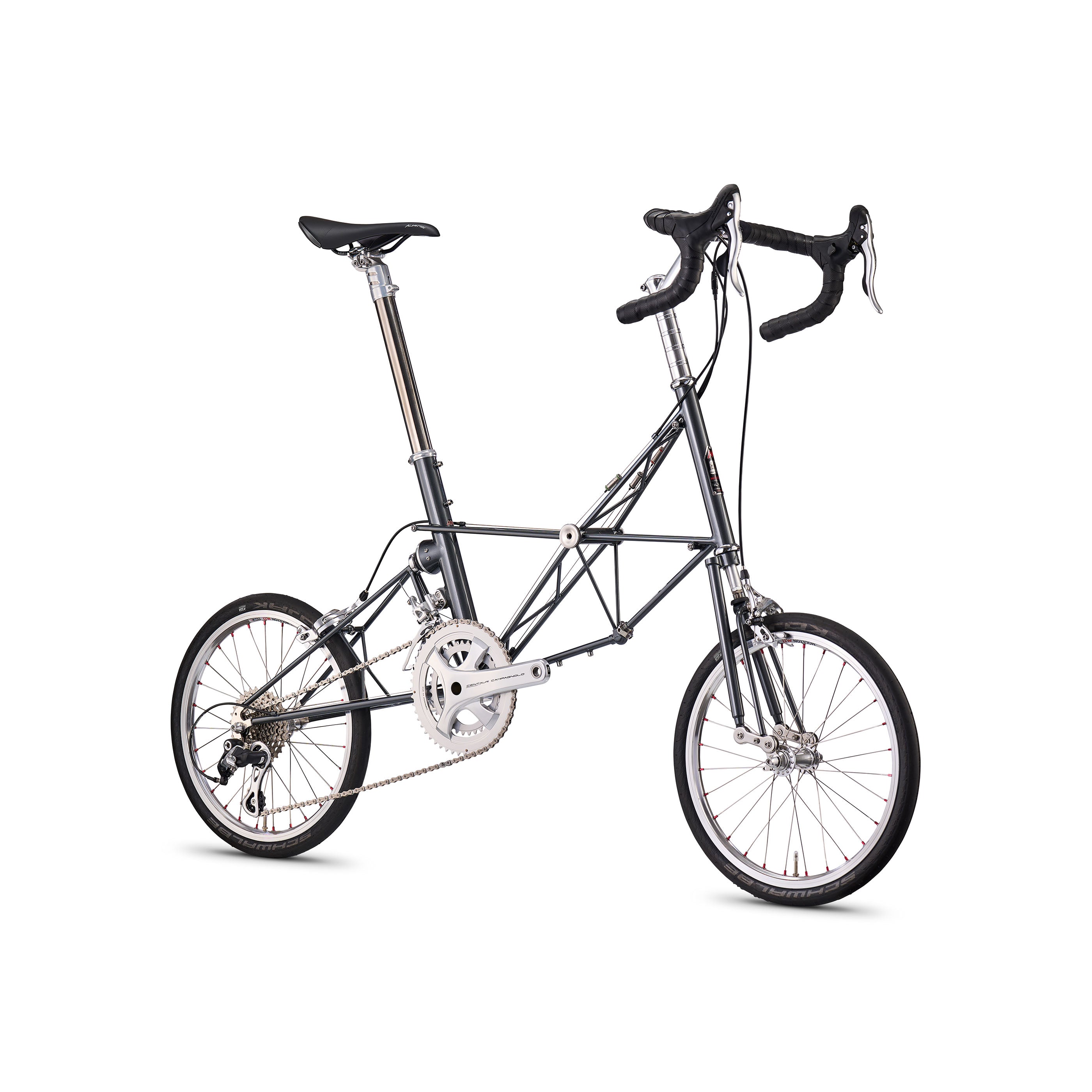 Moulton AM 22 bicycle in steely grey with Campagnolo Centaur groupset, front angle view