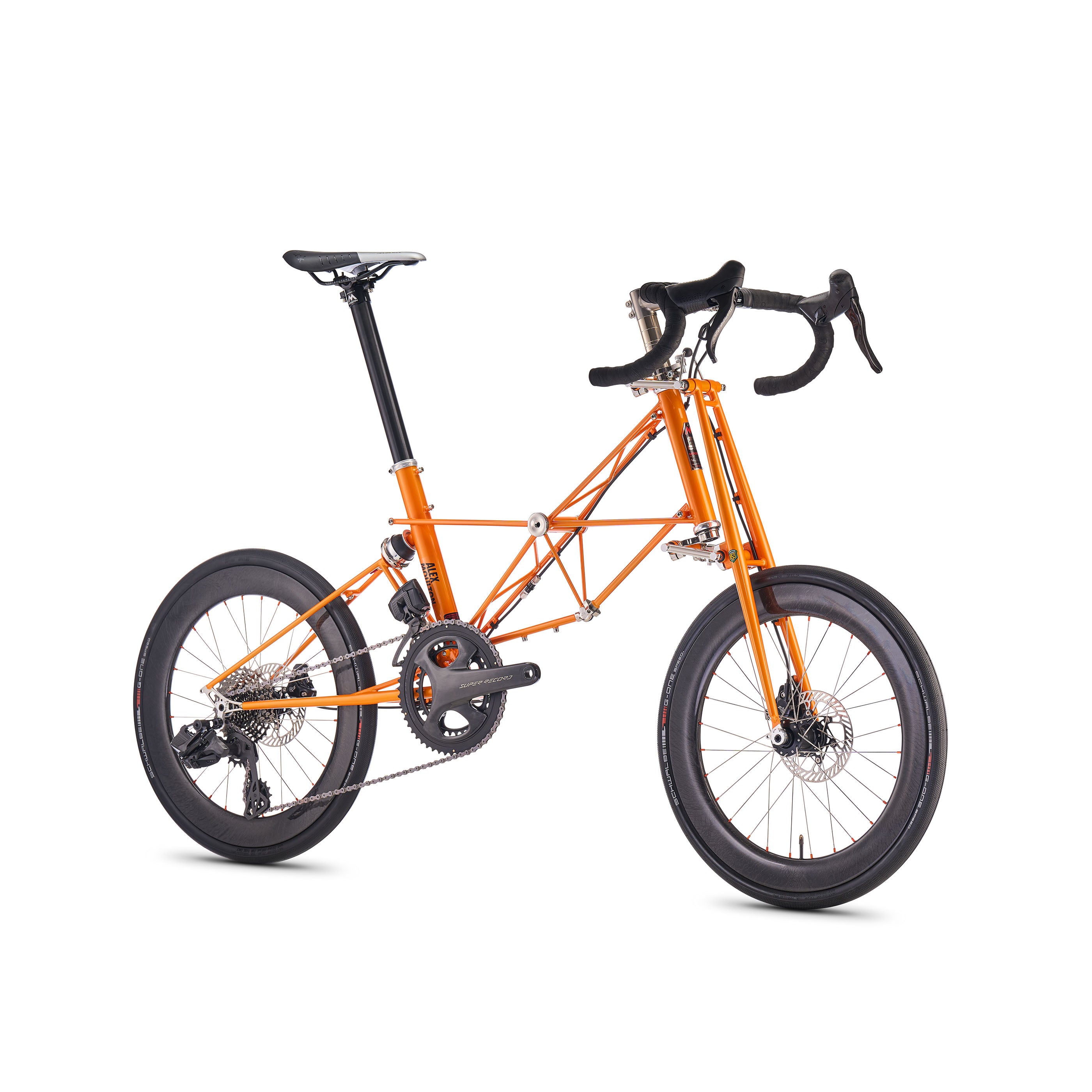 Moulton NS Rapide bicycle in steel with Campagnolo Super Record 26-speed groupset, front angle view
