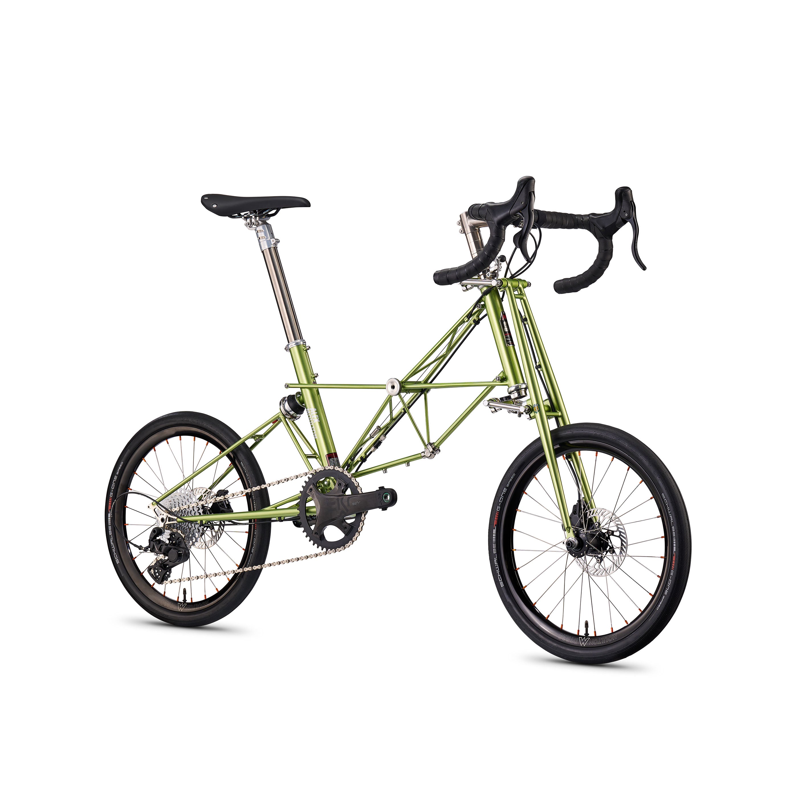 Moulton NS Safari bicycle in willow green with Campagnolo Ekar 13-speed groupset, front angle view