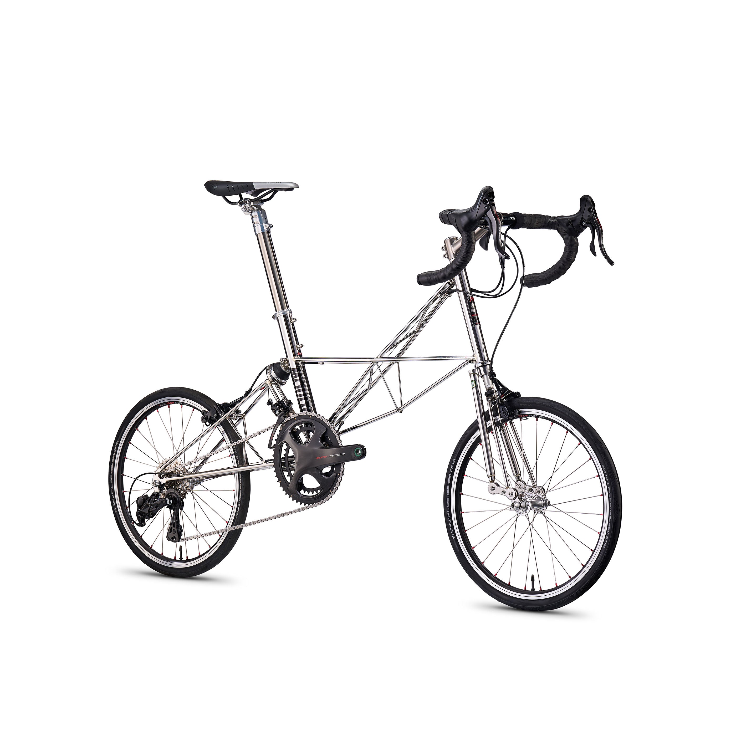 Moulton Speed bicycle in stainless steel with Campagnolo Super Record 22-speed groupset, front angle view