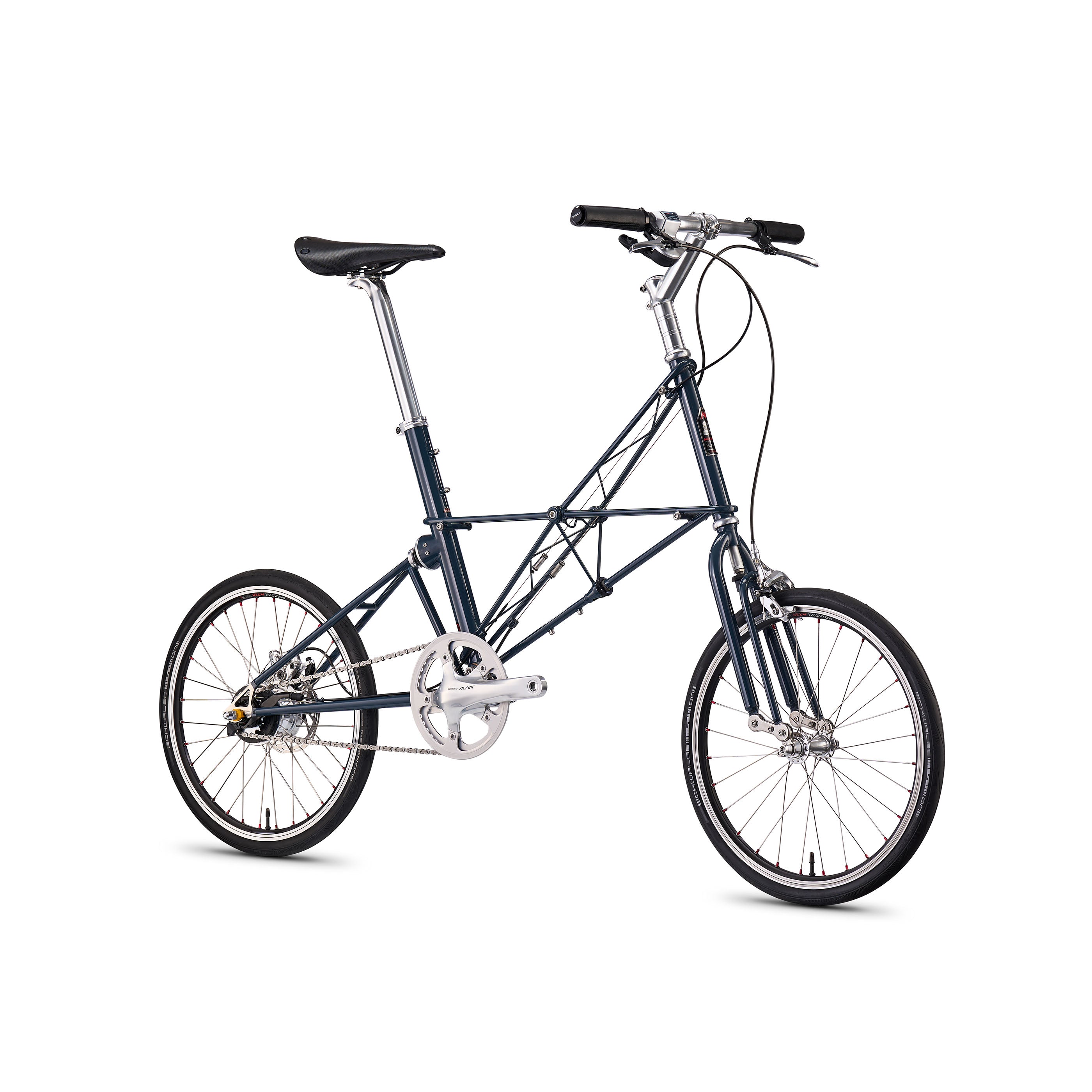 Moulton SST bicycle in airforce blue with Shimano Alfine 11-speed drivetrain, front angle view