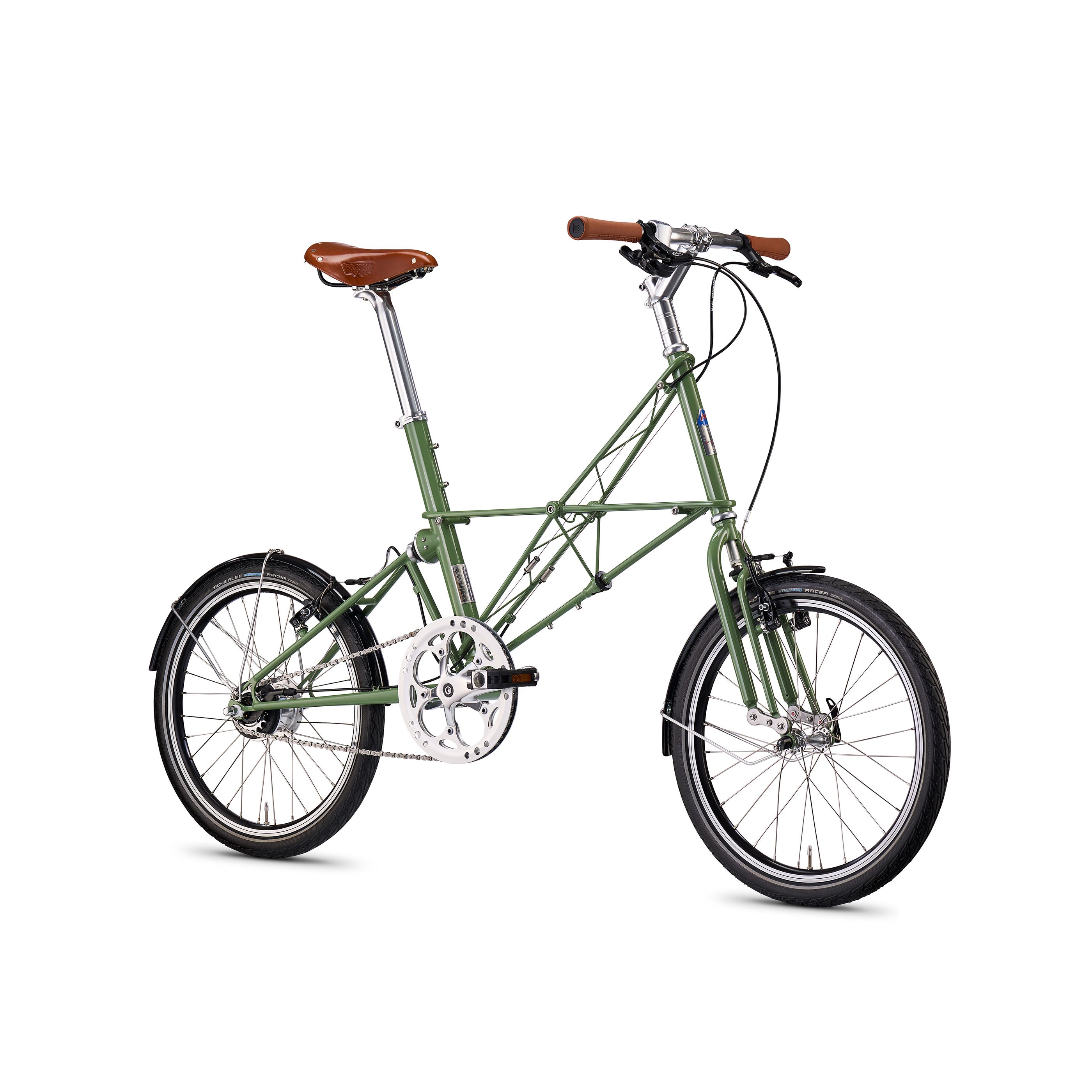 Moulton The Hall Special Edition bicycle in hall green with Shimano Alfine 8-speed drivetrain, front angle view