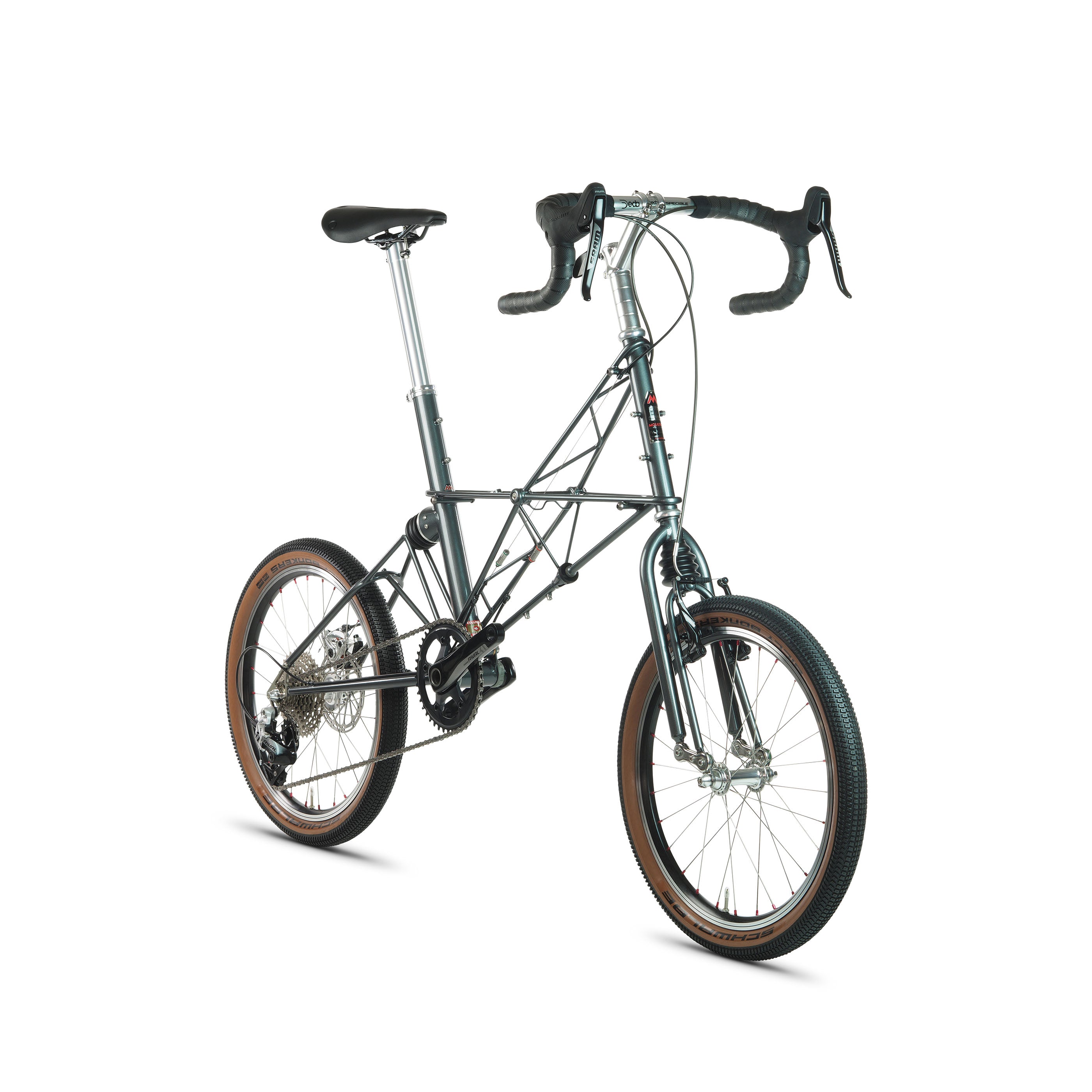 Moulton XTB bicycle in steely grey with SRAM Rival 11-speed drivetrain, front angle view